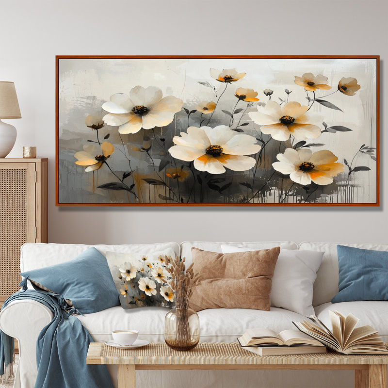 Jabri Golden Zinnias, H 28 po x l 60 po, Impression encadrée flottante, Brun