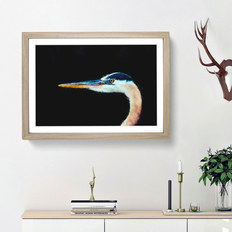 Heron Portrait - Picture Frame Painting Print, Oak Framed, 33cm H x 45cm W x 2cm D
