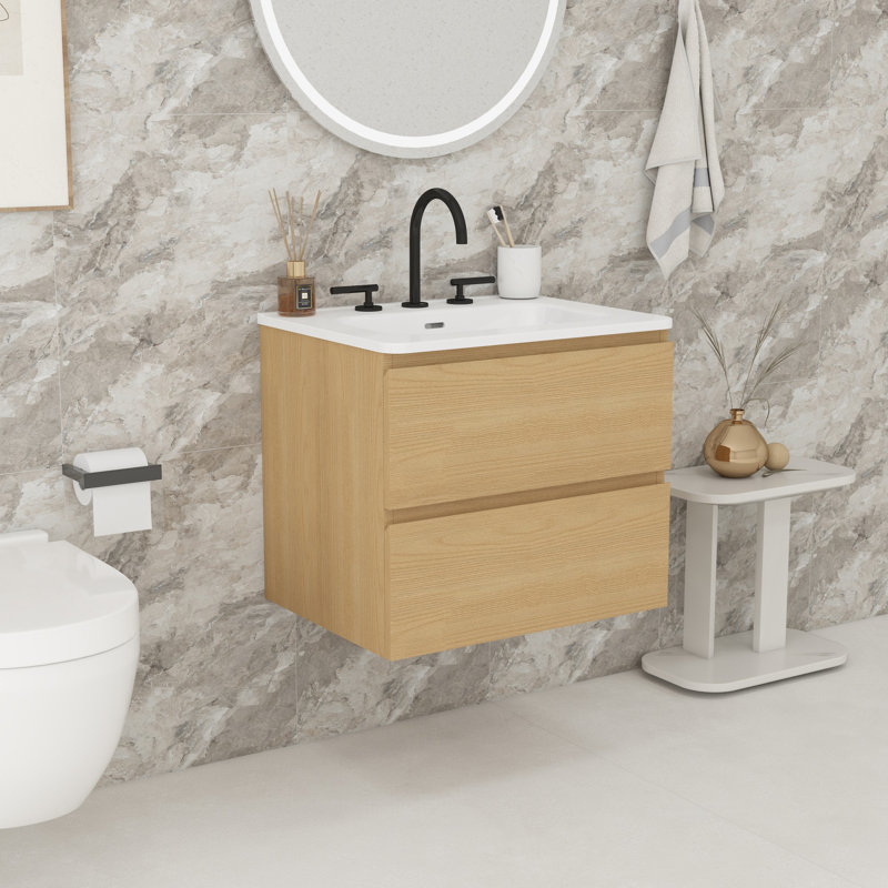 Meuble-lavabo de salle de bain avec lavabo en céramique, Chêne, Triple