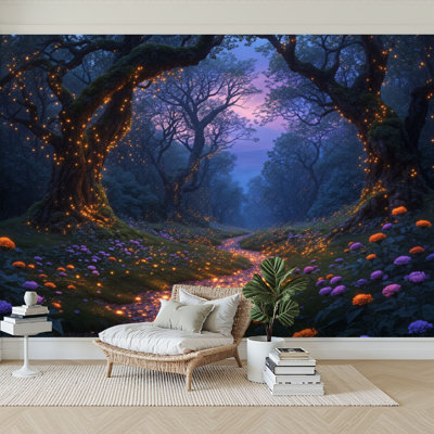 Peel and Stick Wallpaper 144" W x 100" H Modern Self Adhesive Wall Mural for Bedroom Fairy Tale Magical Forest Path Glowing Fireflies Twilight Trees