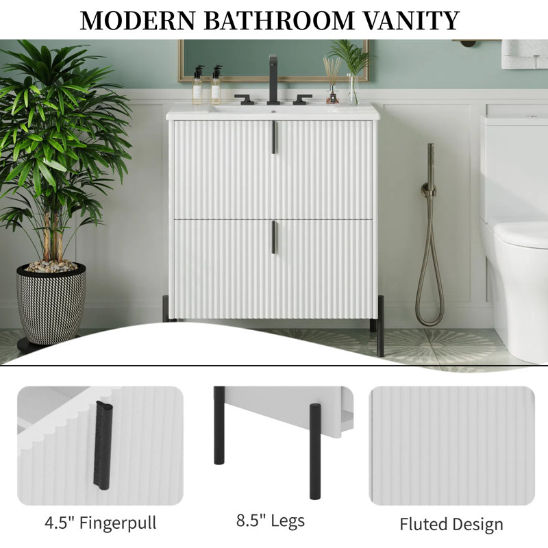 Meuble-lavabo de 30 po avec lavabo en céramique, équipé de poignées verticales et de tiroirs pleine extension., Naturel