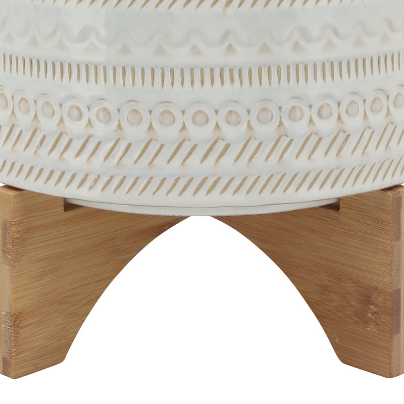 Carved Ceramic Outdoor Planter on Stand for Indoor Home Decor - Modern Flower Pot Tabletop Accent Planter for Living Room or Office