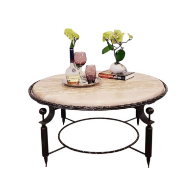 Round Cream Travertine Coffee Table | Bullnose Edge Stone Top & Wrought Iron Base | Mediterranean, Tuscan Modern Farmhouse Décor