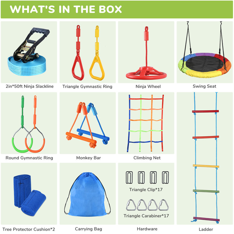 Multicolor 50ft Ninja Warrior Obstacle Course with Saucer Swing