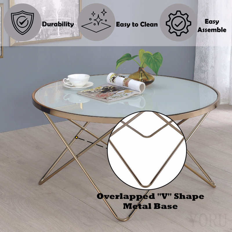 Table basse ronde champagne avec verre dépoli, H 18 po x l 34 po x P 34 po, Champagne