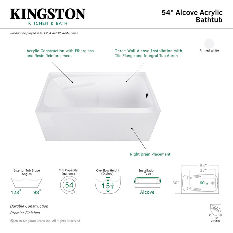 Kingston Brass Aqua Eden Acrylic Rectangular 3-Wall Alcove Tub with Arm Rest and Drain Hole, Right