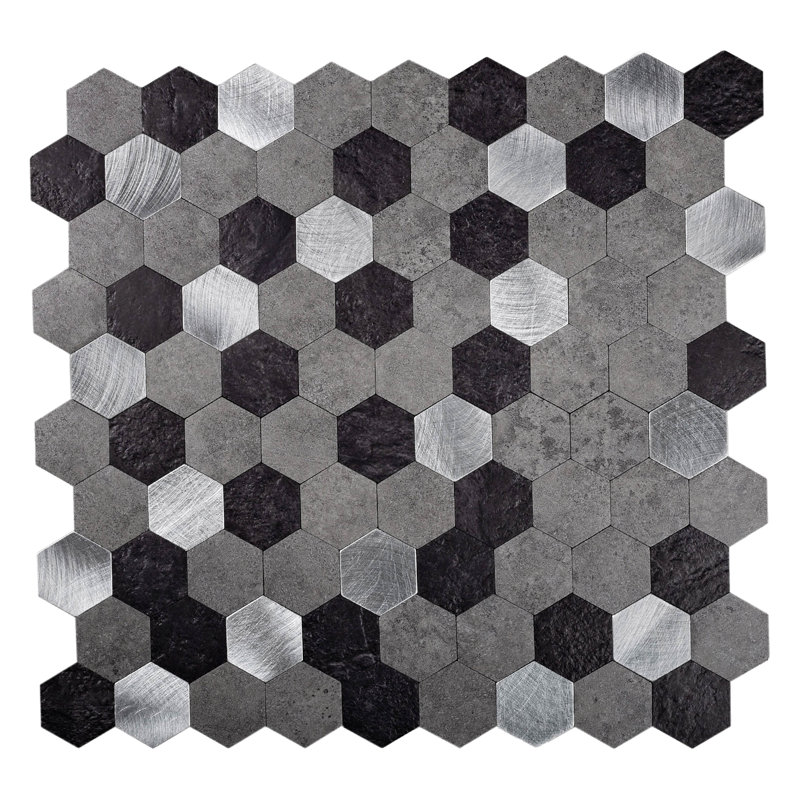 11.25" x 11.25"  Metal Mosaic Wall Tile, Black/Gray