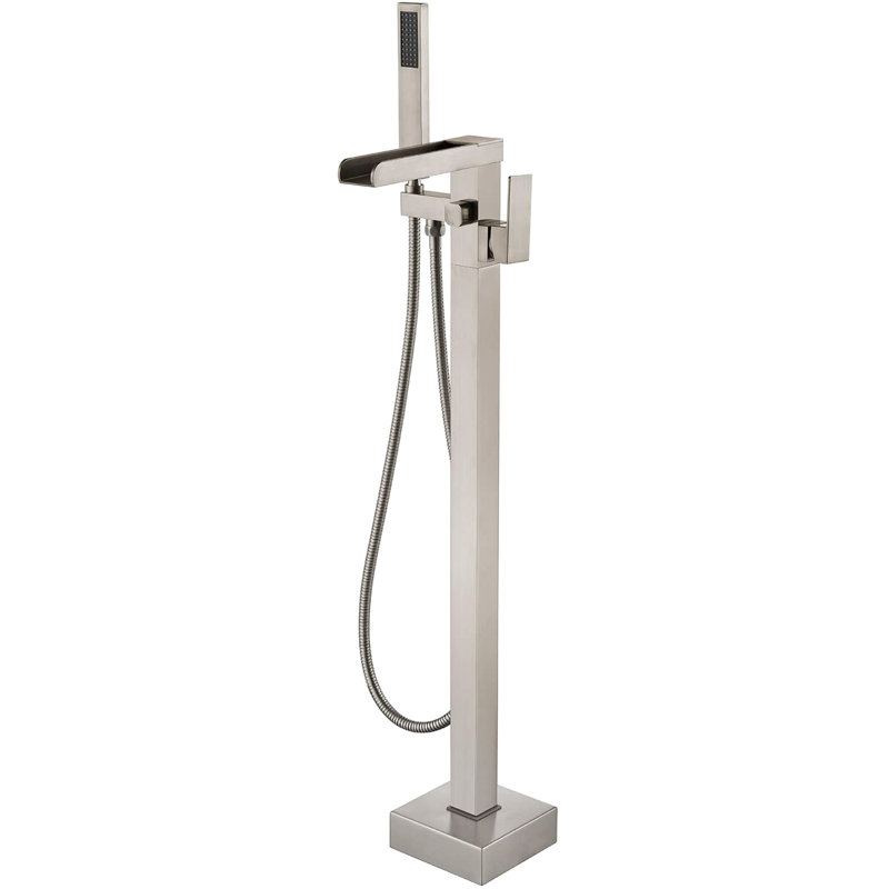 Bathroom Waterfall Tub Filler With Hand Shower In Brushed Nickel - Floor Mount Faucet, And Rust Effect Mount, Corrosion