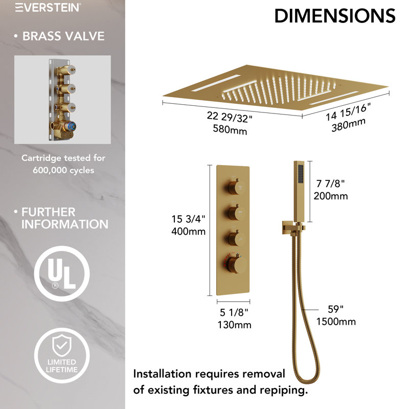 Modern Thermostatic LED Rainfall Shower System, Ceiling Mounted Waterfall Showerhead with Handheld Spray, Brushed Gold