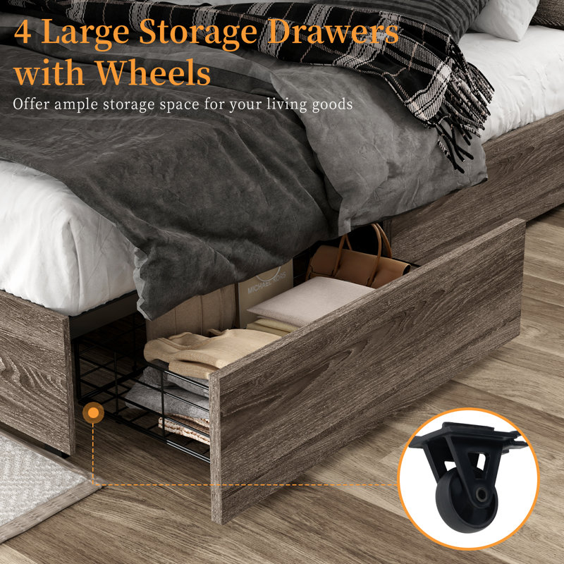 Nykolas King Size Bed Frame With Led Bookcase Headboard, Wooden Storage Bed With Charging Station & 4 Drawers, No Box Spring Needed/noise-free