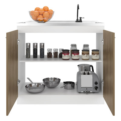 Évier utilitaire naturel + blanc avec robinet et comptoir en acier inoxydable, armoire autoportante pour bureau de cuisine, tablettes de rangement à deux portes, rangement idéal pour les repas, facile à assembler
