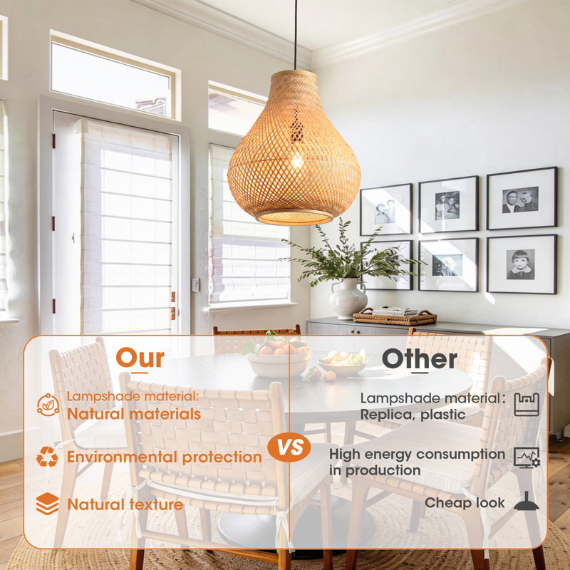 Bamboo Pendant Light, Natural Bamboo Shade, Iron Frame, Adjustable Height, E27 Socket, 38 Cm Diameter, For Small Spaces Hallway Kitchen (Bulb Not Included)