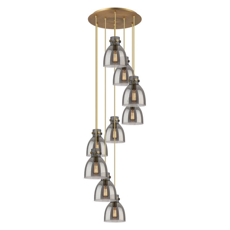 Luminaire suspendu grappe 9 lumières Amrith, Laiton brossé, Gris fumée clair