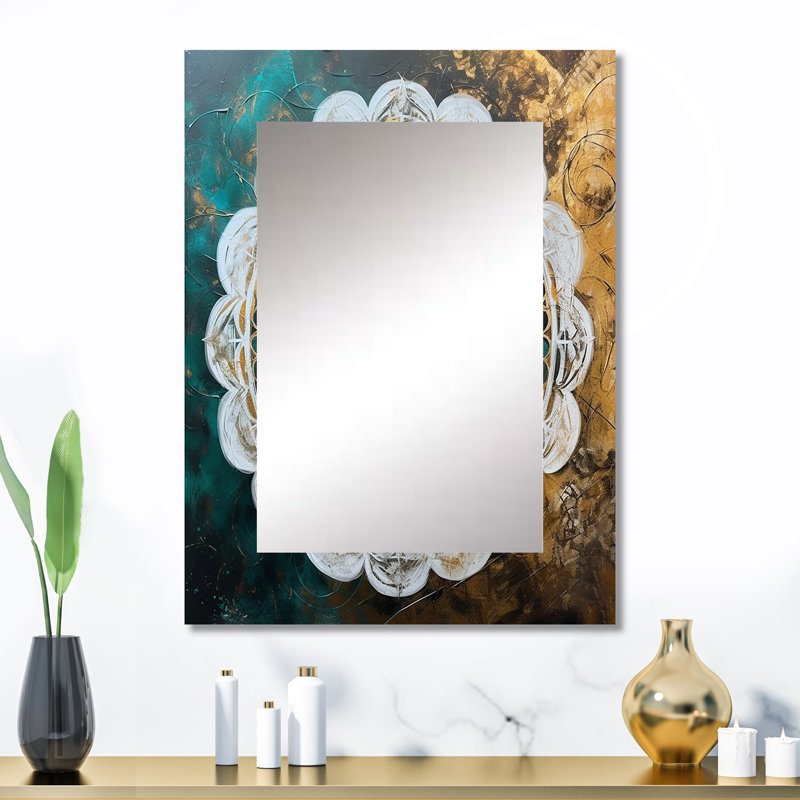 Grand sarcelle et or Mandala I - grand miroir mural Mandala Boho, miroir traditionnel unique, impression d'art en métal