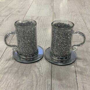 Silver Glass Crushed Diamond Small Tea Cup and Saucer Set Kitchen Turkish  Coffee Mug