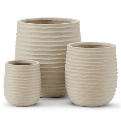 3-Piece Wavy Texture Concrete Planter Set with Drainage Hole - 15”, 11”, 7.8” Dia Round Indoor Outdoor Plant Pots in Beige