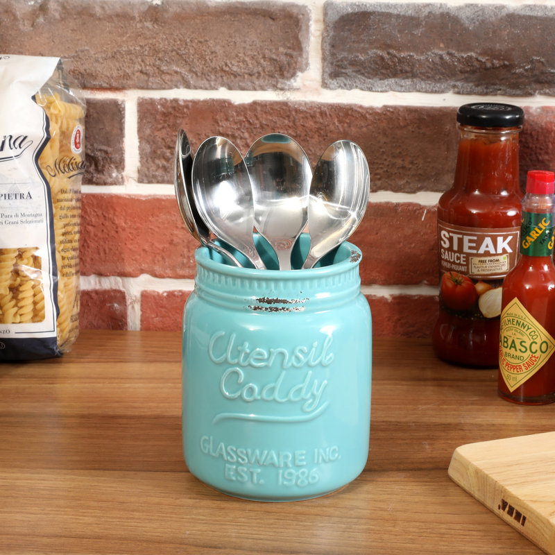 Ceramic / Porcelain Round Utensil Crock, Aqua Blue
