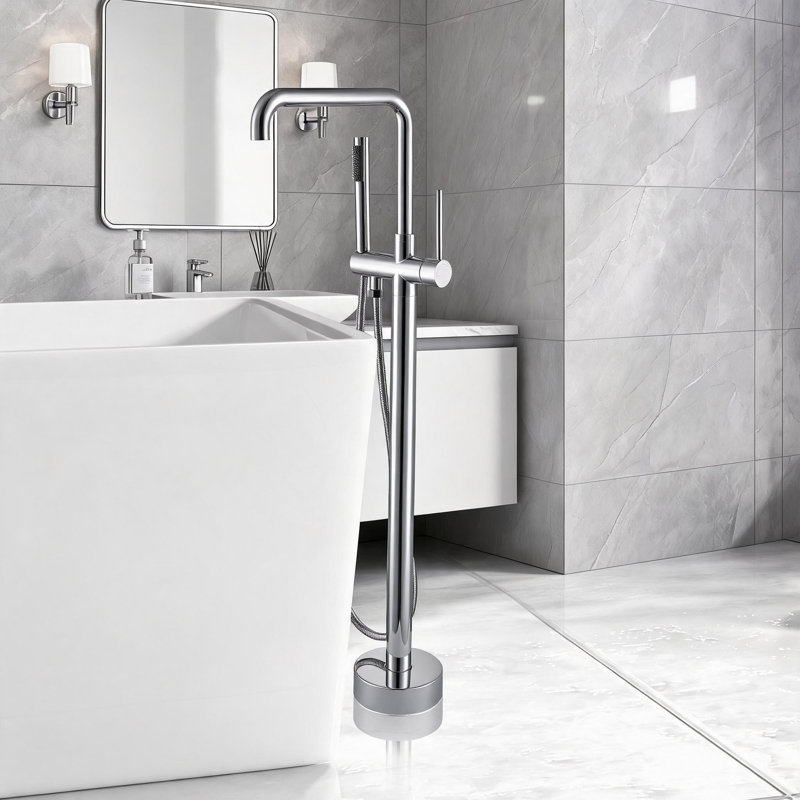 Robinet de baignoire autoportant avec douche à main au fini chromé et fabrication en métal