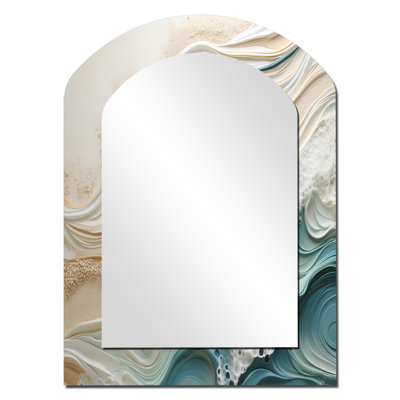 Modern Blue And Beige Sand Aerial View IV - Beach Sand Asymmetrical Mirror, Beige Freeform Decorative Wall Mirror, Printed Metal Art