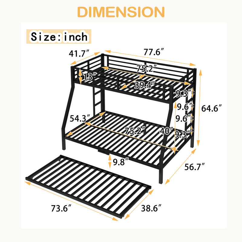 Twin Over Full Metal Bunk Bed With Twin Size Trundle, Twin Over Full