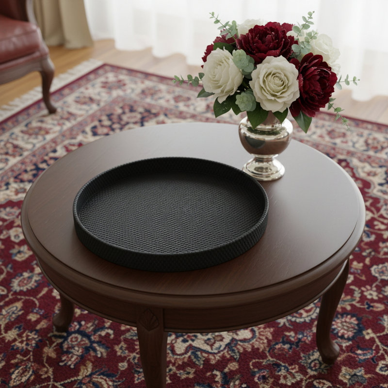 15" Black Faux Wicker Round Serving Tray