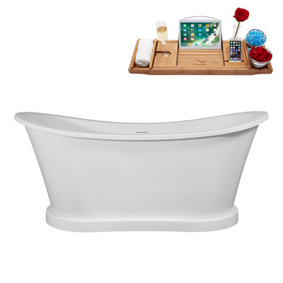 66" Streamline Soaking Matte White Freestanding Tub and Tray With Internal Drain