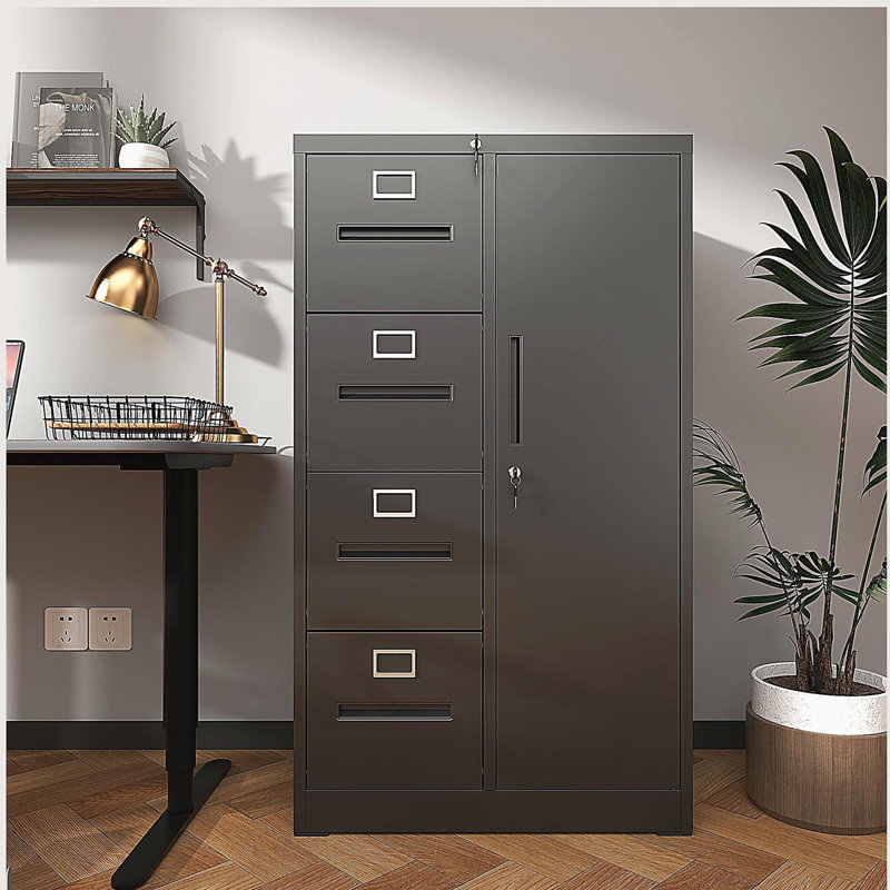Metal Storage Vertical Filing Cabinet with Lock, Steel File Locker with 4 Drawers and 1 door, Black