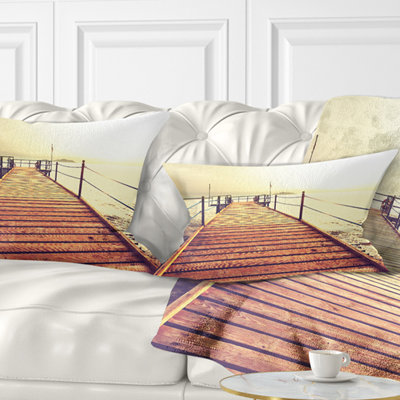 Brown Wooden Boardwalk to the Sea - Pier & Bridge Printed Throw Pillow