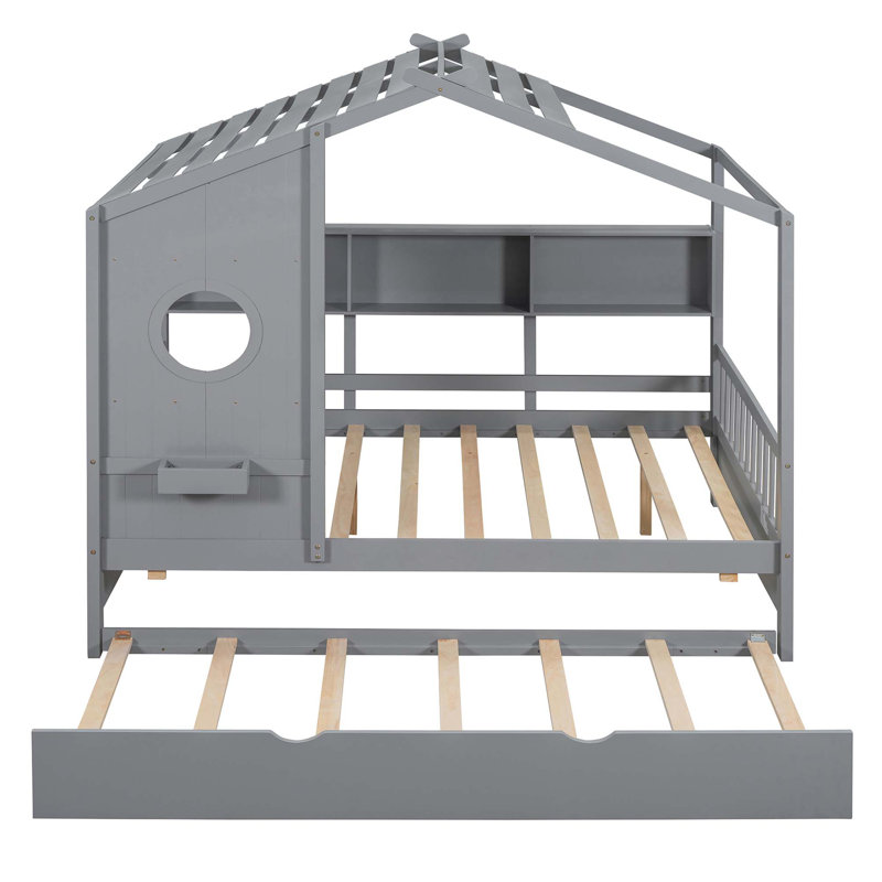 Lit en bois avec lit gigogne en bois, conception moderne avec tablette de rangement, Double, Gris
