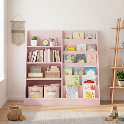 Kids Bookshelf, A‑Frame Kids Book Organizer with Multi‑Storage Compartments, Open Toy Storage Shelf for Picture Books, Toys & Decor, Children Book Display Rack for Playroom, Bedroom, Nursery
