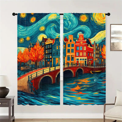 2Pcs Vintage Colorful City Scenery Curtains, Abstract Oil Painting Style  Light Filtering Window Drapes For living bedroom Kitchen Rod Pocket Home Decor Modern farmhouse french country