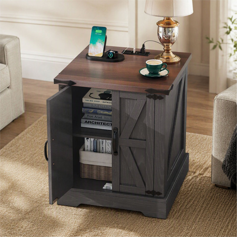 Table de bout avec capacité de charge - Tablette réglable de chambre à coucher en noyer gris et portes de grange côté rustique pour le salon