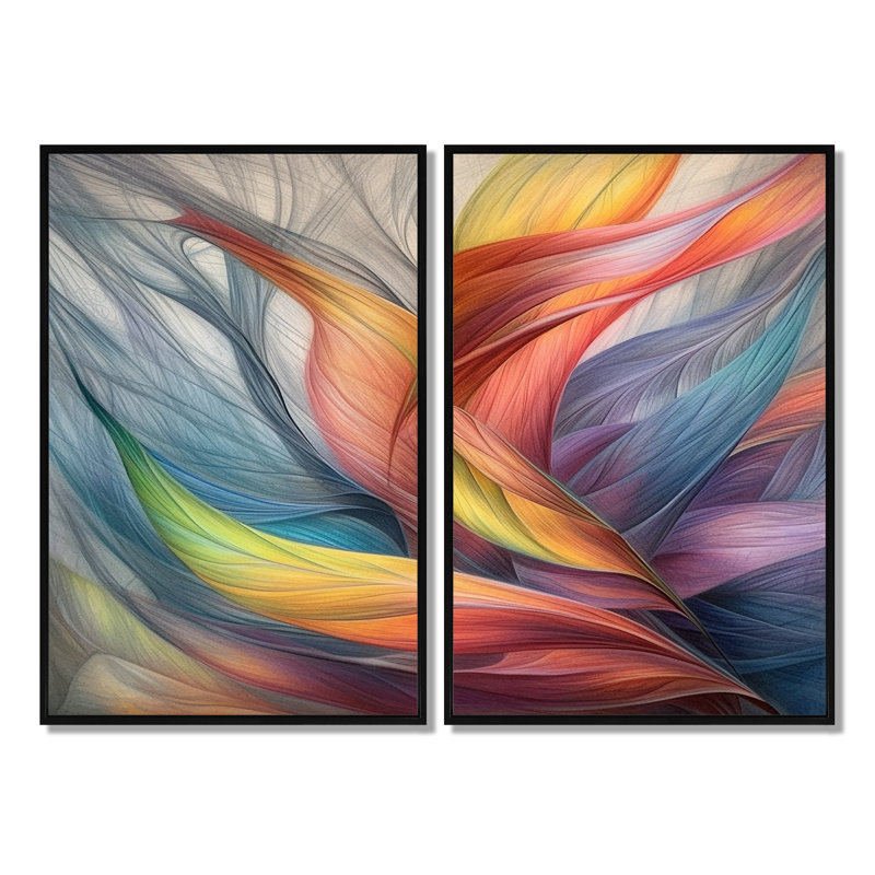 Art mural rétro sur toile, feuilles et pastel rétro arc-en-ciel Boho, 36" H x 48" W, Impression encadrée flottante, Black