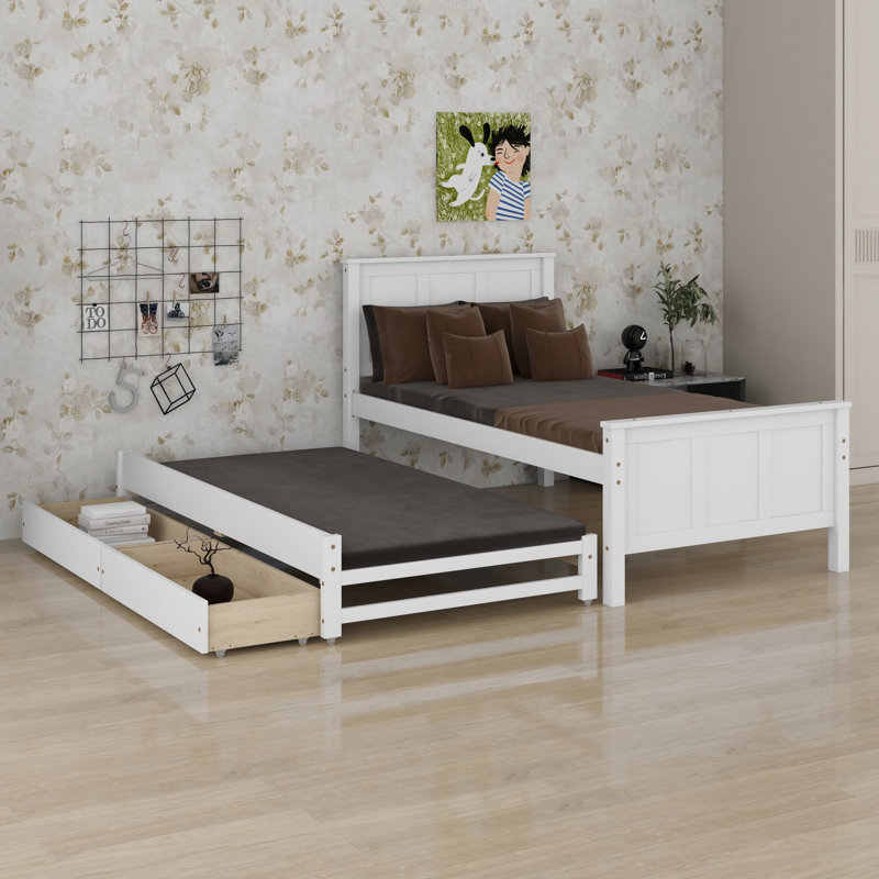 Lit plateforme contemporain avec lit gigogne et tiroirs, Blanc