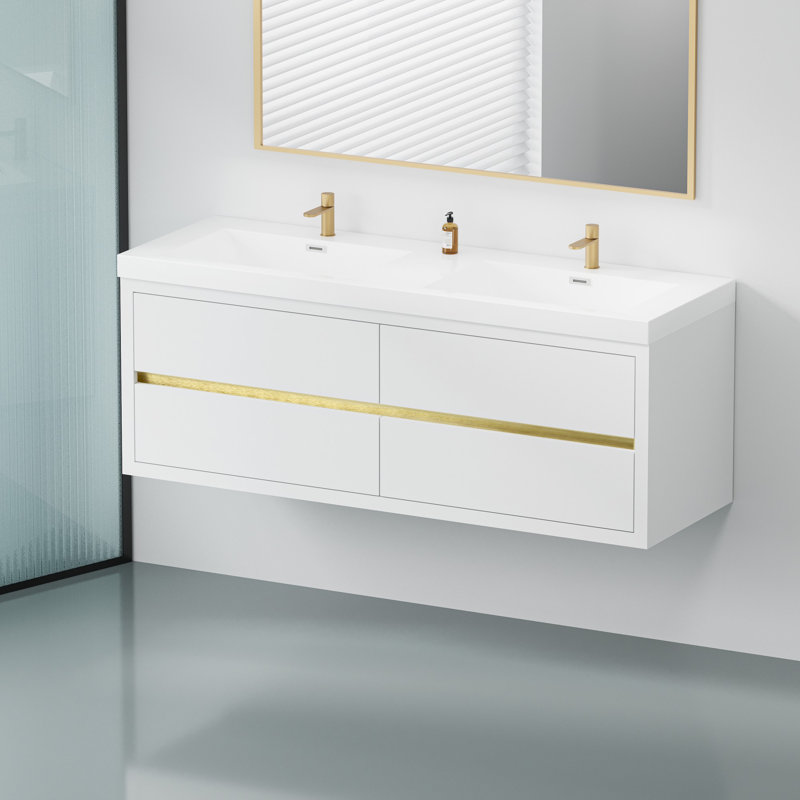 Wall-Mounted Bathroom Vanity with Double Sinks, Glossy White