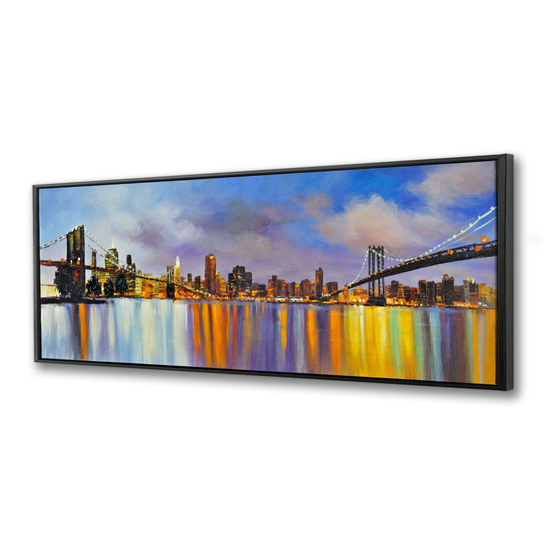 «Colorful City with Bridge by Day» - Bureau, toile mauve encadrée