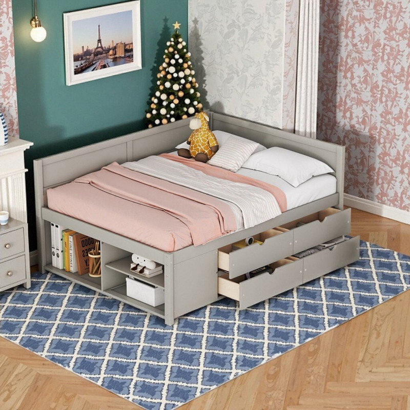 Full Size Daybed With Pull-Out Drawers And Shelves, Solid Wood Storage Platform Bed, Gray, Full