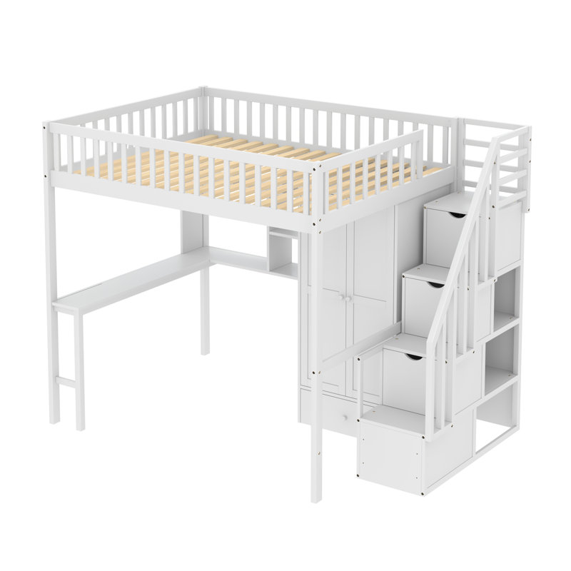 Heartlee Kids Full Loft Bed with Drawers, White