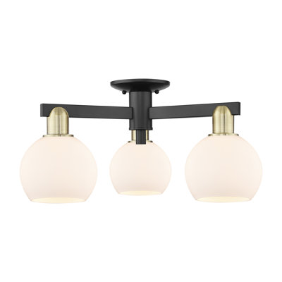 Arcadia - Amberle - 3 Light 23" Semi-Flush Mount - Black Antique Brass Finish - Matte White Shade