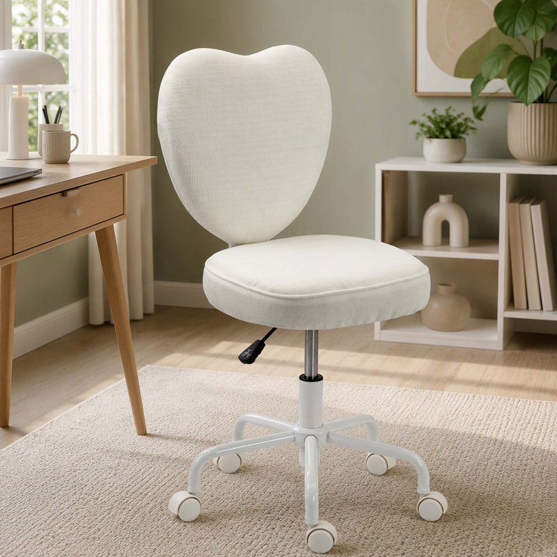 Fauteuil de bureau sans accoudoirs, coiffeuse de maquillage en tissu moderne en forme de cœur, roues pivotantes, hauteur réglable, blanc