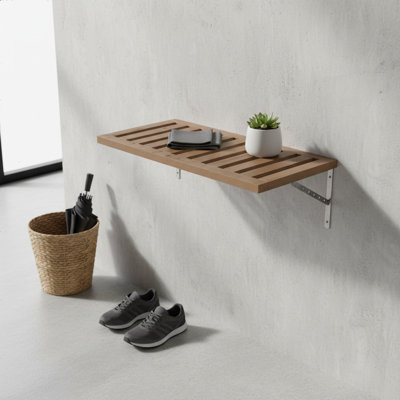 Wall Mounted Wooden Shelf: Rustic Slatted Design For Bathroom & Kitchen Organization - Space Saving Storage Shelf With Metal Brackets For Home Decor