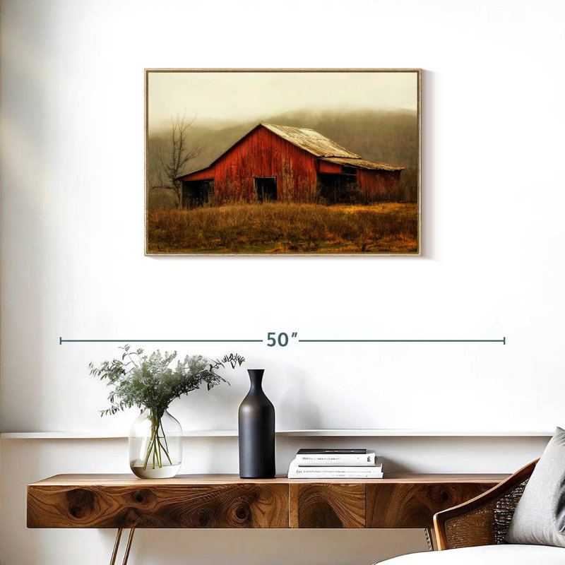Skylight Barn dans le brouillard, Cadre flottant en bois naturel, 31 po x 21 po