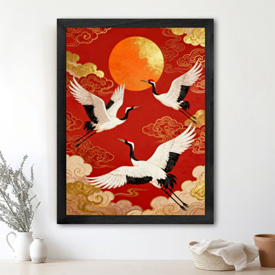 «Black Cranes Vintage Cranes» déploient leurs ailes et volent - longévité et bon augure, reproduction d'art encadrée de style rétro