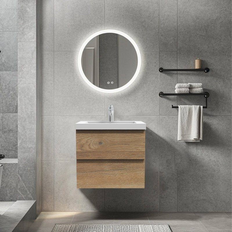 24-Inch Wall-Mounted Floating Bath Vanity In Natural Oak With Single White Solid Surface Sink Top, Natural Oak