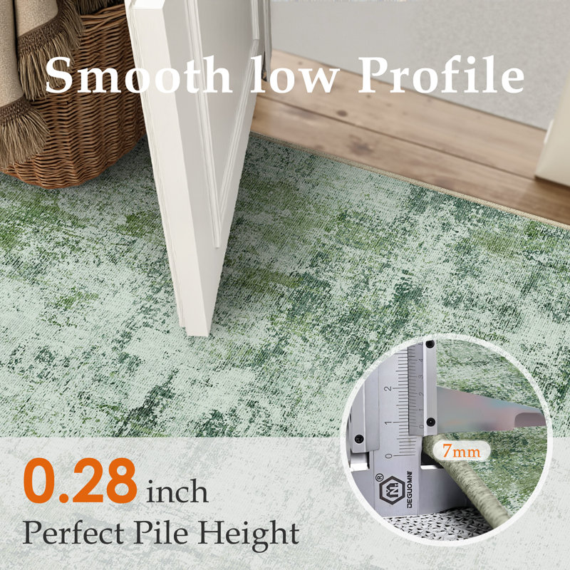Tapis moderne lavable abstrait vert foncé, Vert foncé, Rectangle 5 pi x 7 pi