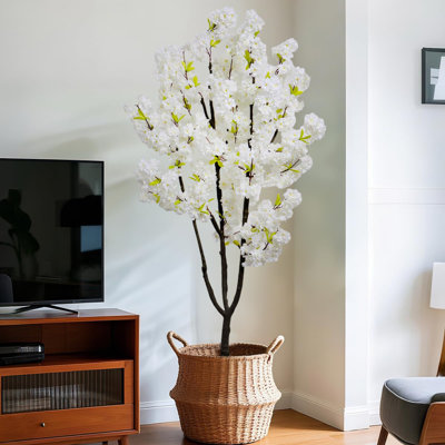 Arbre de fleurs de cerisier artificiel 6 pi avec fleurs blanches, arbre de fleurs de cerisier artificiel en pot, plante de fleur de cerisier artificielle réaliste pour un décor intérieur et extérieur
