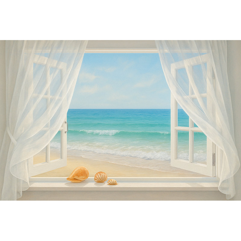 Coquillages de mer et voilages par Seaside - Coastal Window View Series, H 24 po x l 36 po