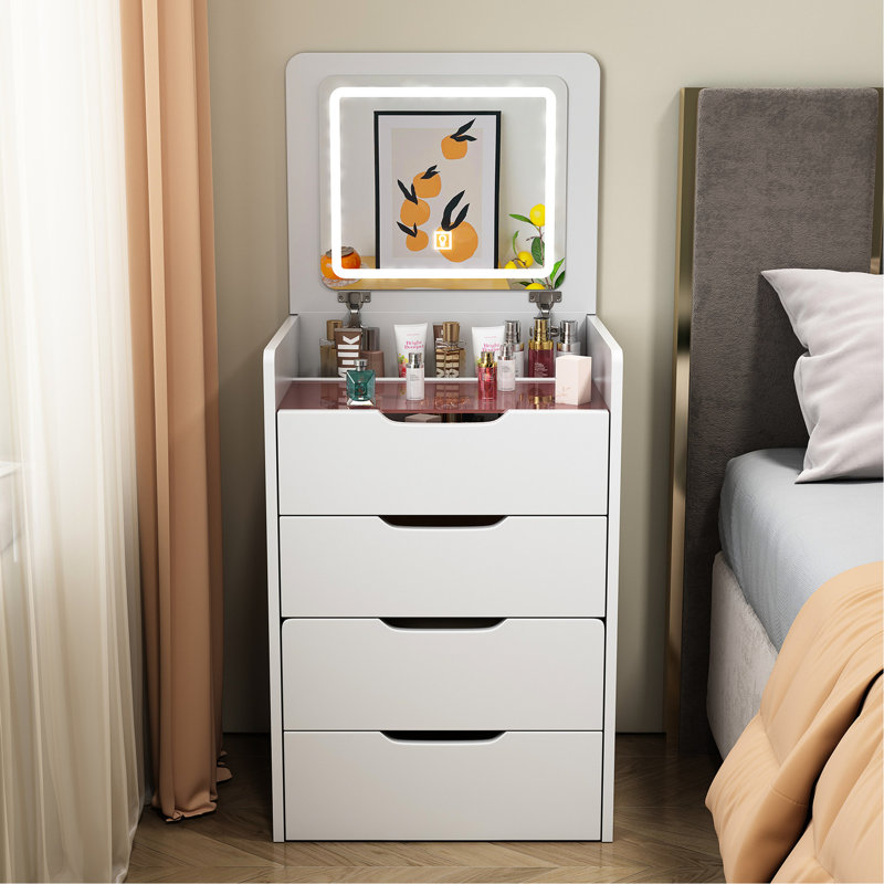 Compact Bedroom Vanity With Glass Desktop And Cushioned Stool, White Dressing Table, Practical Beauty Space 31 Makeup Top Mirror Drawers, Furniture, Functional Desk