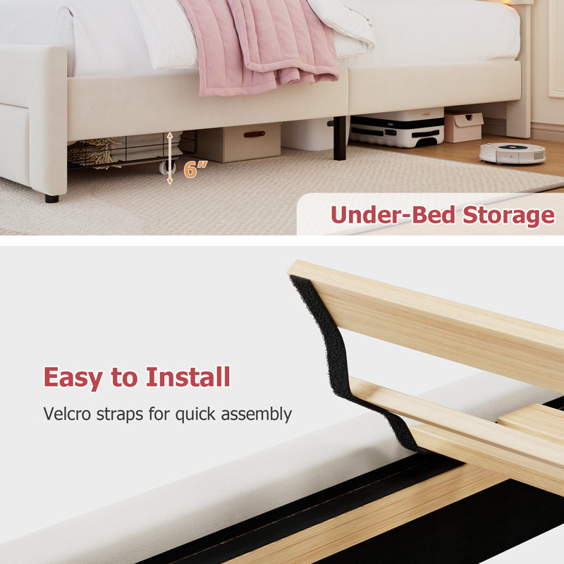 Daphne LED Upholstered Bed Frame with Drawer for Kids