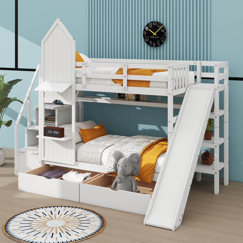 Lit superposé de style château avec deux tiroirs, trois tablettes et une glissade, Simple, Blanc
